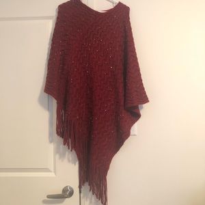 Ladies Poncho. Wine coloured with sequins and fringed bottom